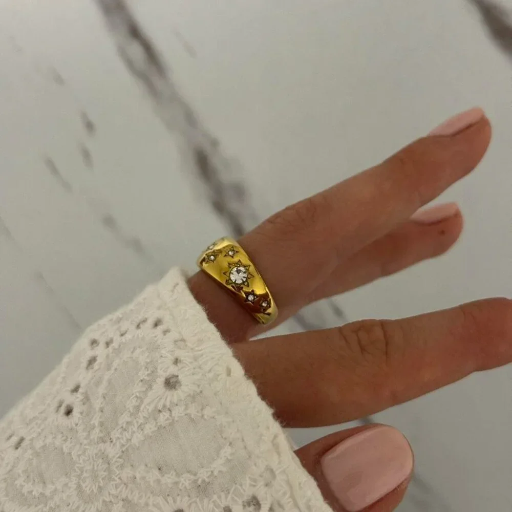 SKU:0113 gold ring zircon stone vintage vibe‎ moon stars sun stainless steel
